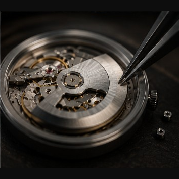 Uhrmacher bei der Prüfung eines mechanischen Uhrwerks